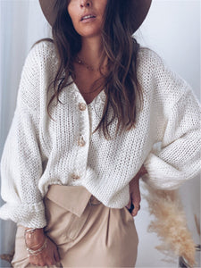 V-neck Solid Cardigan Knitted Sweater