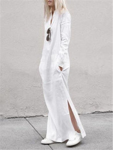 Casual Loose Long Sleeve V-Neck Pocket Linen Maxi Dress