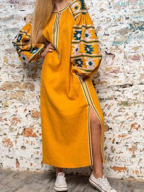 Yellow Shift Balloon Sleeve Crew Neck Dresses