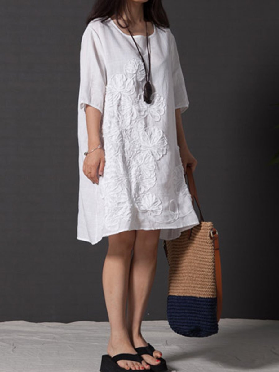 Literary Loose Embroidered Cotton and Linen Dress