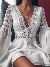 Load image into Gallery viewer, Sexy Mini Dress With Lace V Neck Flared Sleeves