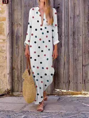 Polka Dot Cotton and V-neck Long Sleeve Dress