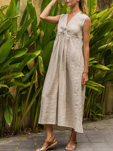 Women Linen Dress Casual V-neck Sleeveless Maxi Dress