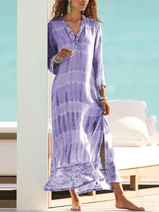 Casual 3/4 Sleeves Print V Neck Split Maxi Dress