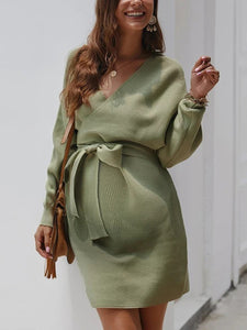 Solid Color Knit Strap Long Sleeve Maternity Dress