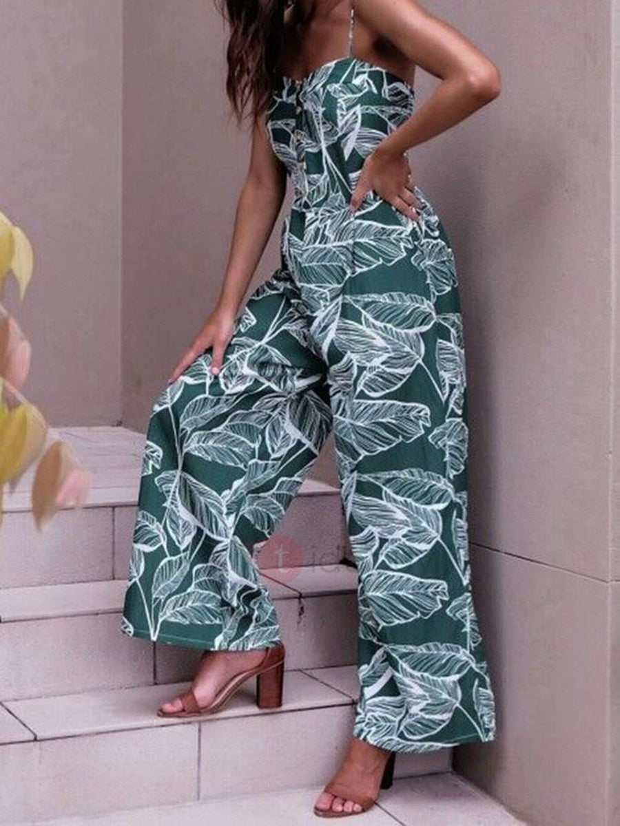 Women's Floral Long Pants Plant Print Jumpsuit