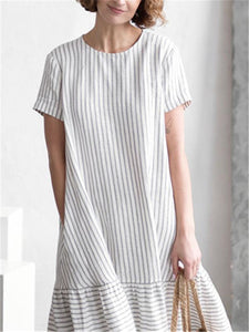 Fashion Cotton Linen Striped Stitching Loose Midi Dresses