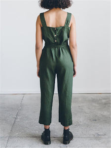 Fashion Solid Color Cotton Linen Collar Jumpsuits