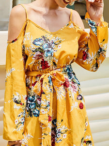 Floral Print Cold Shoulder Wrap Dress