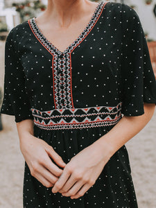 V-neck Dot Print Middle Sleeve Casual Maxi Dress