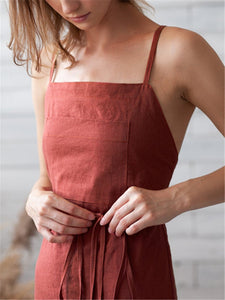 Sexy Open Back Strap Solid Cotton Linen Maxi Dresses