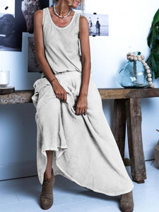 Round Neck Cotton Solid Sleeveless Maxi Dress