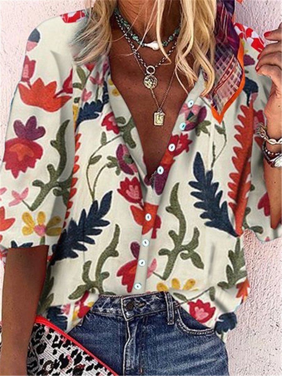 Retro Plant Print Casual Loose Button T-shirts