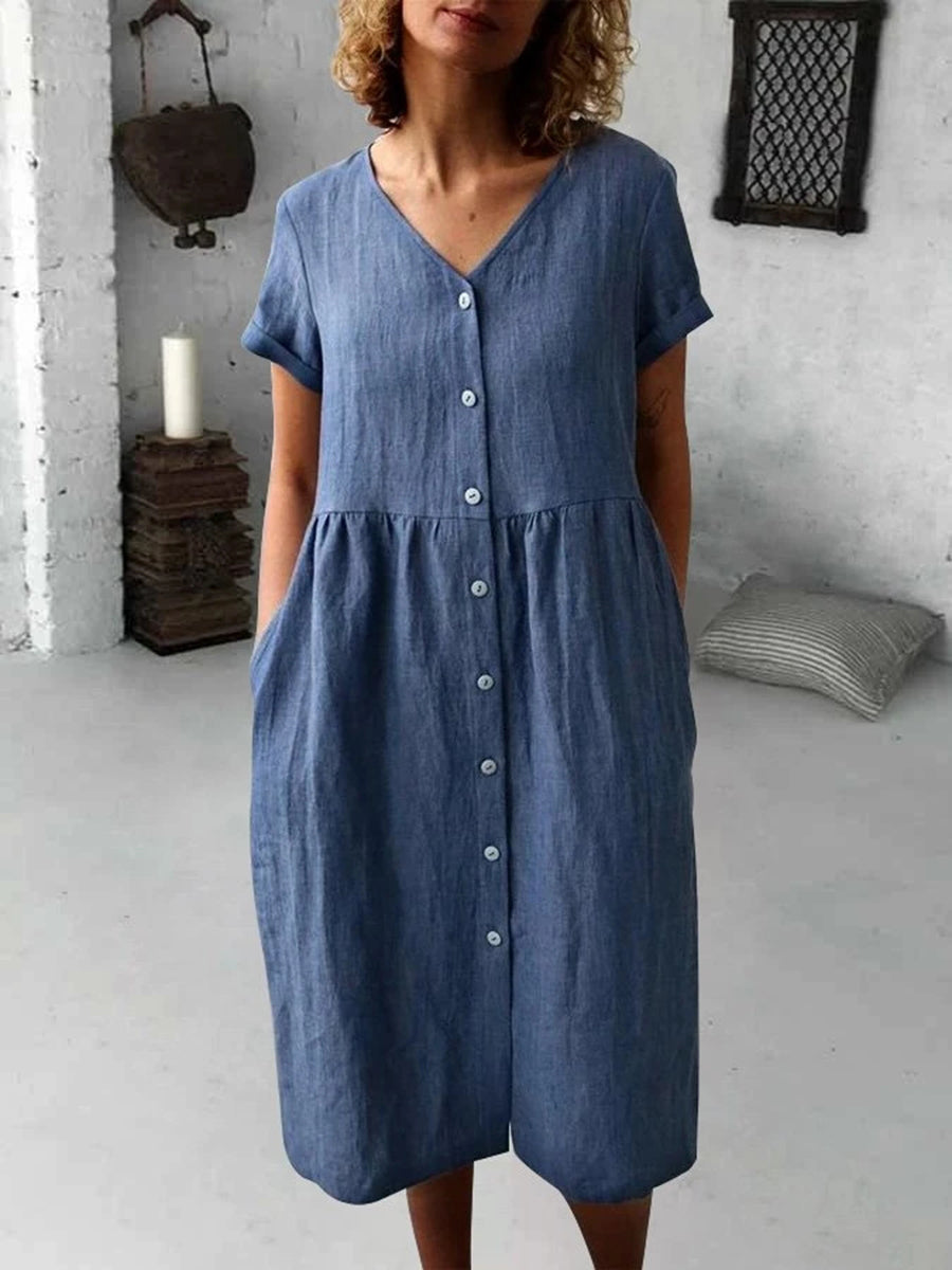 Cotton and Linen Casual Button Dress