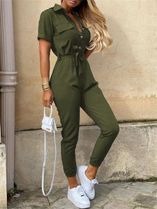 Short Sleeve Solid Color Jumpsuit