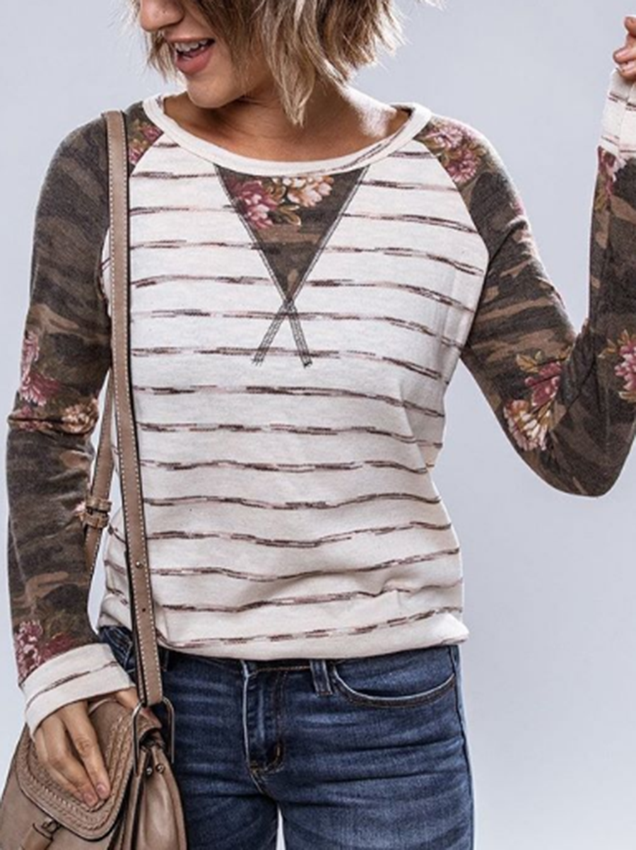 Printed Stitching Long-Sleeved Top