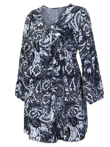 Leaf Print Long Sleeve Casual Dress