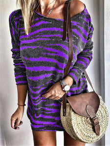 Round Neck Striped Print Long Sleeve Large Size Dress