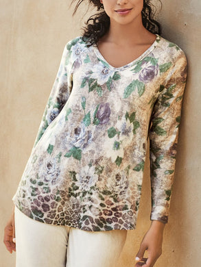 Casual Vintage V-Neck Floral Long Sleeve T-Shirt