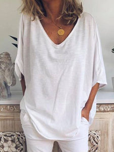 V Neck Plain Short Sleeve Blouse