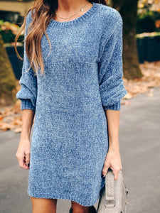 Solid Knit Round Neck Mini Dress