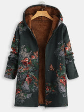 Load image into Gallery viewer, Vintage Print Plus Velvet Cotton and Linen Ladies Long Hooded Zipper Coat