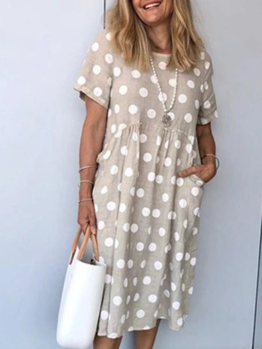 Polka Dot Short-sleeved Cotton and Linen Casual Dress