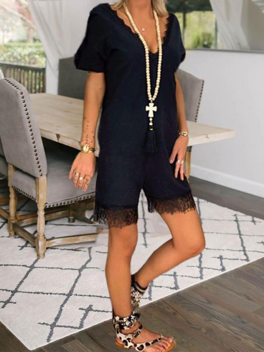 V-Neck Casual Short Sleeve Lace Jumpsuit