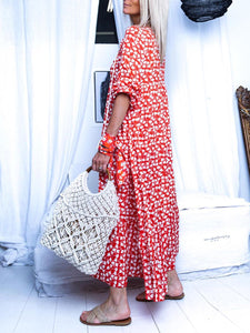 V-Neck Tassel Casual Print Maxi Dress