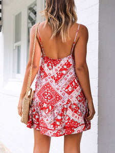 Low-neck Strap Print Mini Dress