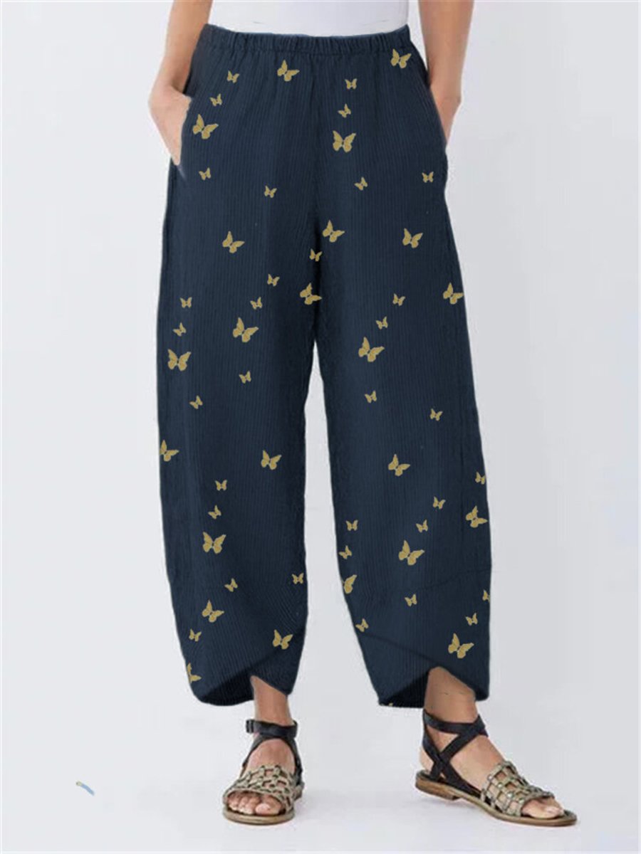 Butterflies Print Irregular Elastic Waist Pants For Women