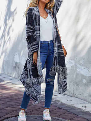 Long Sleeve Tassel Hem Geometric Pattern Cardigan