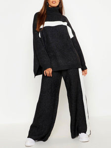 Loose Casual Turtleneck Long Sleeve Top Wide Leg Pants Knitted Suit