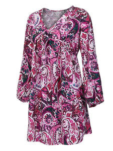 Leaf Print Long Sleeve Casual Dress