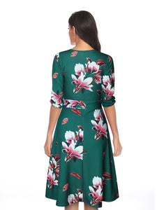 Summer Round Neck Print Retro Temperament Waist Dress