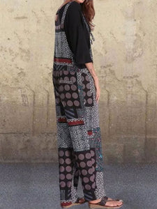 Vintage Sleeveless Polka Dots Printed Square Neck Casual Jumpsuits