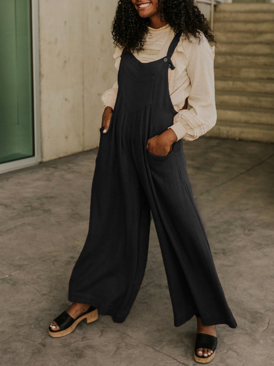 Wide-leg Adjustable Button Straps Side Pockets Jumpsuit