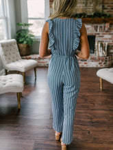 Load image into Gallery viewer, Women Ruffle Detail Lace Up Navy Striped Jumpsuit