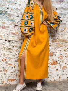 Yellow Shift Balloon Sleeve Crew Neck Dresses