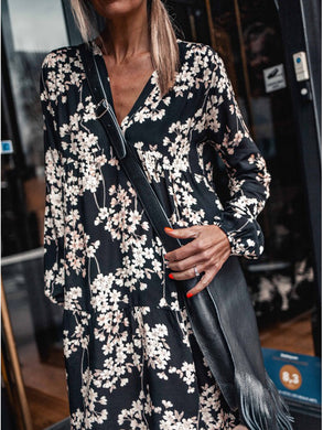  V-Neck Floral Print Long Sleeve Casual Dress