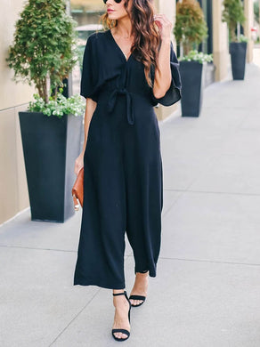 Solid Color Casual V-Neck Jumpsuit