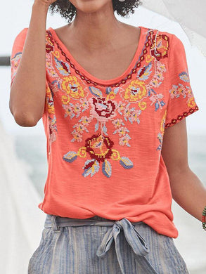 Vintage Casual Floral Round T Shirt