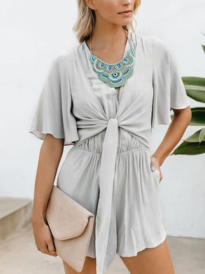 Women Fashion V Neck Short Sleeve Tie Jumpsuits