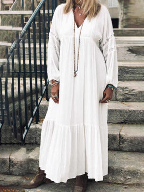 V-neck Long Sleeve Lace Cotton Linen Casual Dress