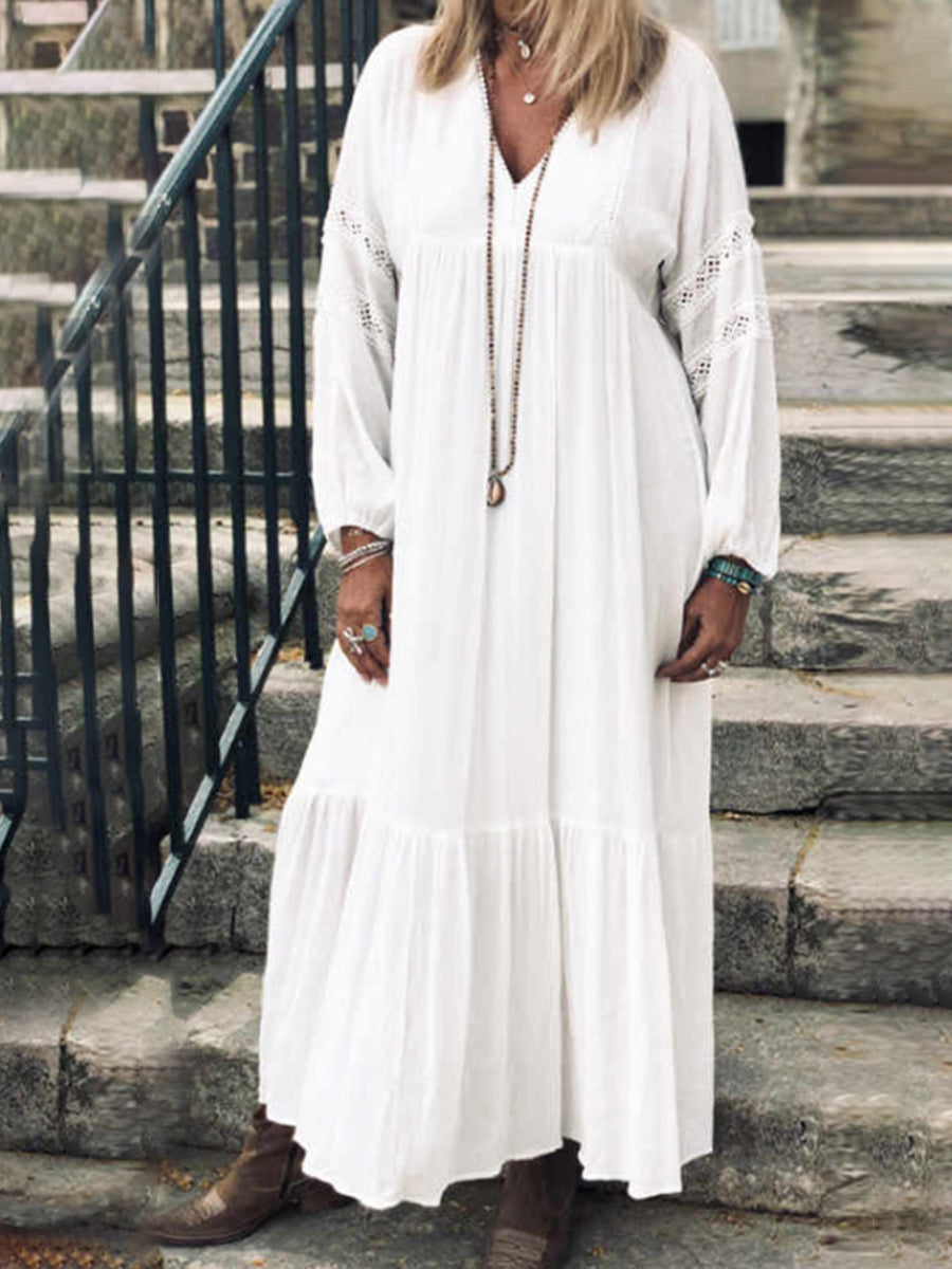 V-neck Long Sleeve Lace Cotton Linen Casual Dress