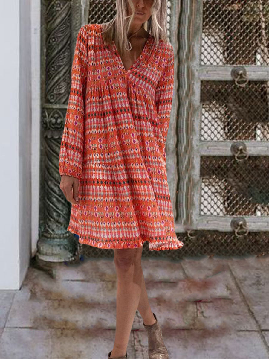 Bohemian V-neck Long Sleeve Dress