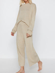 Round Neck Solid Color Casual Loose Long Sleeve Top Trousers Two Piece Suit