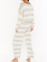 Load image into Gallery viewer, Solid Color Round Neck Knitted Striped Top Pants Two-piece Suit