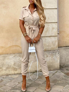 Short Sleeve Solid Color Jumpsuit