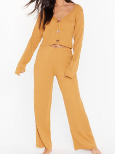 V-neck Solid Color Knitted Button Top Pants Two-piece Suit